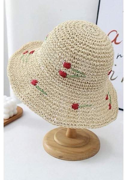Ithal Bej Cherry Örgü Bucket Hasır Şapka