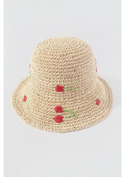 Ithal Bej Cherry Örgü Bucket Hasır Şapka