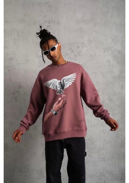 Erkek Güvercin Baskılı Sweatshirt - Gül Kurusu