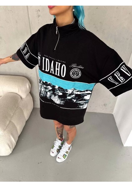 Baskılı Yarım Fermuarlı T-Shirt - Siyah