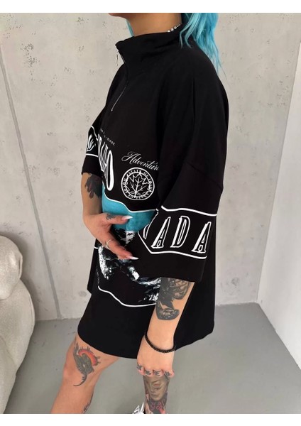 Baskılı Yarım Fermuarlı T-Shirt - Siyah fiyatları