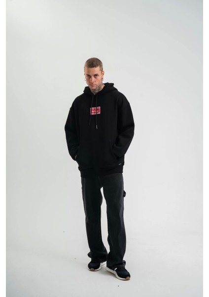 Double Oversize Kapşonlu Dijital Patchli Sweatshirt - Siyah modelleri