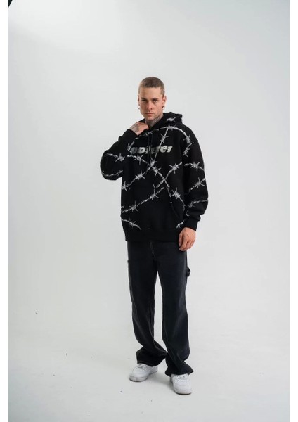 Unisex Kapşonlu Varak ve Pano Baskılı Sweatshirt- Siyah fiyatları