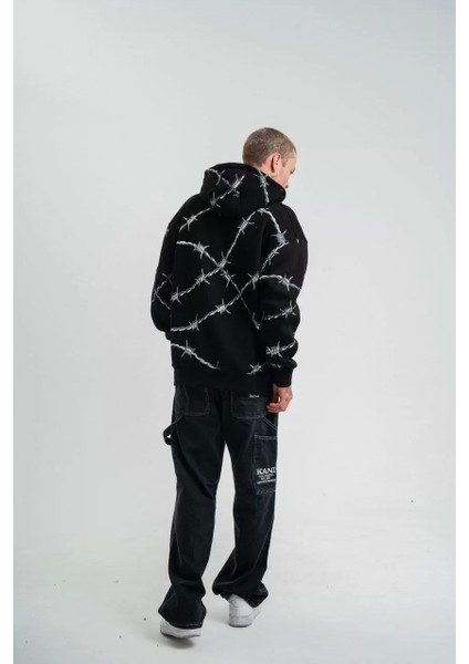 Unisex Kapşonlu Varak ve Pano Baskılı Sweatshirt- Siyah indirimleri