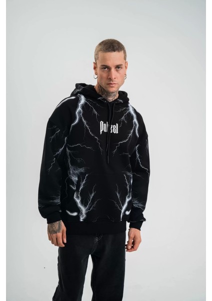 Double Oversize Kapşonlu Şimşek Pano Baskılı Sweatshirt - Siyah
