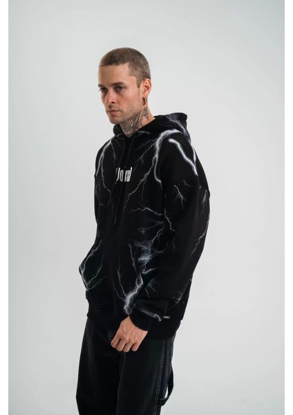 Double Oversize Kapşonlu Şimşek Pano Baskılı Sweatshirt - Siyah fiyatları