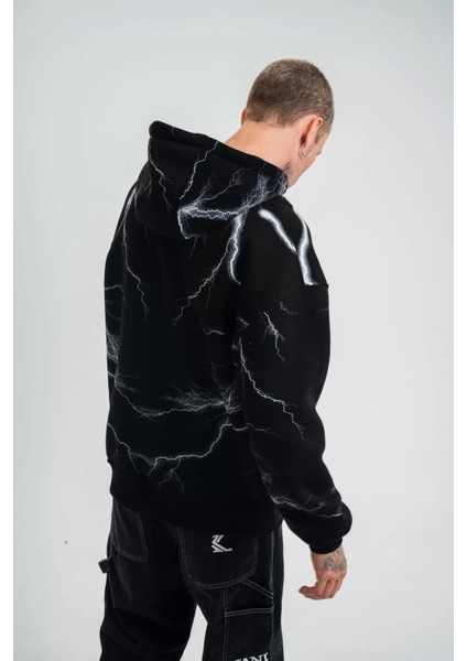 Double Oversize Kapşonlu Şimşek Pano Baskılı Sweatshirt - Siyah modelleri
