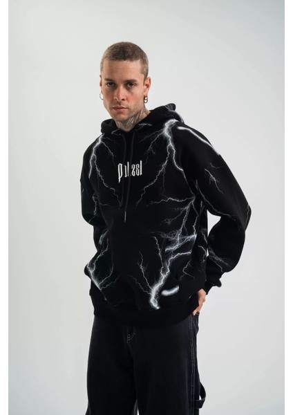 Double Oversize Kapşonlu Şimşek Pano Baskılı Sweatshirt - Siyah fırsatları