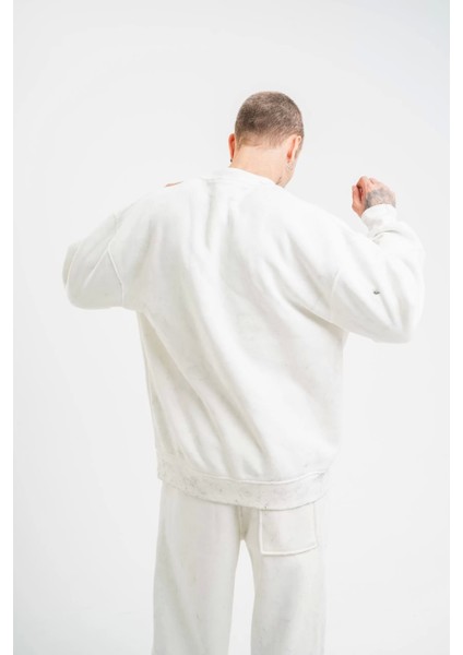 Unisex Uzun Kol Bisiklet Yaka Yıkamalı Sweatshirt - Beyaz fırsatları