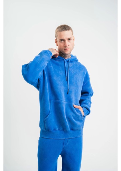 Unisex Double Oversize Kapşonlu Yıkamalı Sweatshirt - Mavi fırsatları