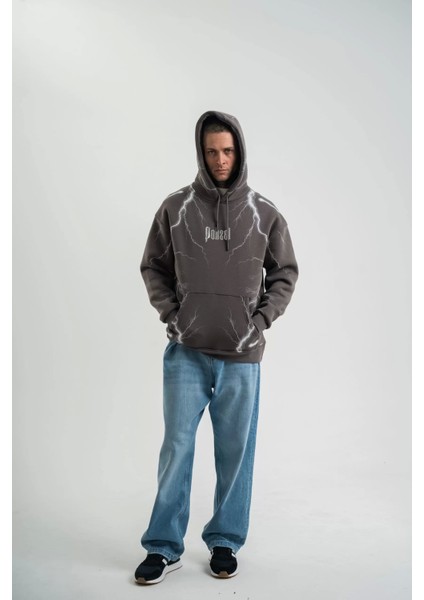 Double Oversize Kapşonlu Şimşek Pano Baskılı Sweatshirt - Füme modelleri
