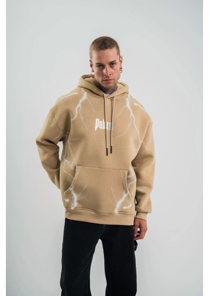 Double Oversize Kapşonlu Şimşek Pano Baskılı Sweatshirt - Bej