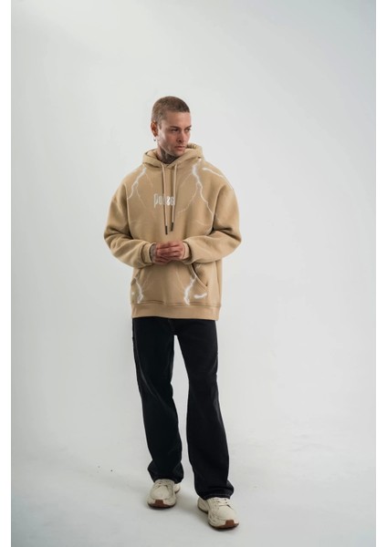 Double Oversize Kapşonlu Şimşek Pano Baskılı Sweatshirt - Bej fiyatları