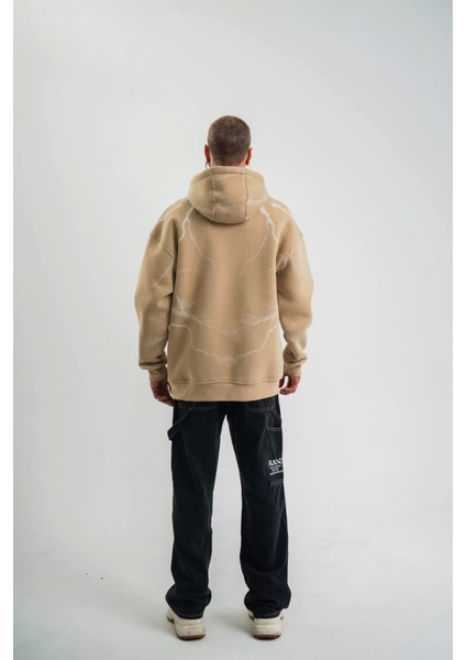 Double Oversize Kapşonlu Şimşek Pano Baskılı Sweatshirt - Bej modelleri