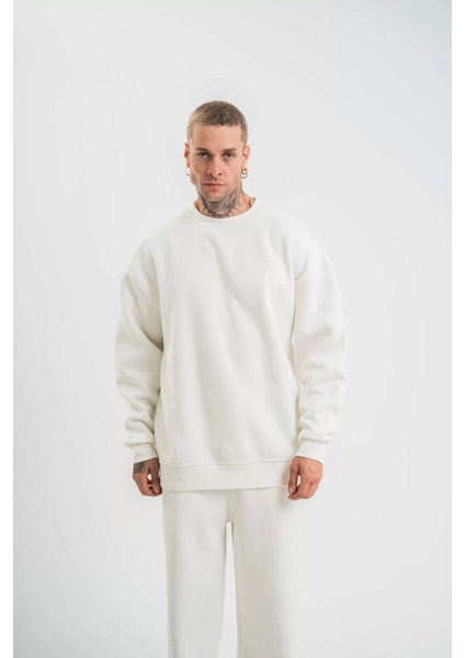Uzun Kol Bisiklet Yaka Basic Sweatshirt - Beyaz