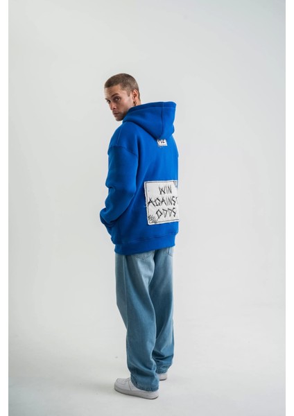 Unisex Kapşonlu Uzun Kol Patchli Nakışlı Sweatshirt - Mavi