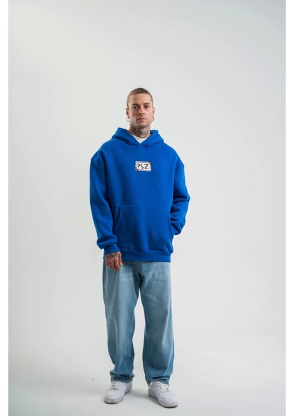 Unisex Kapşonlu Uzun Kol Patchli Nakışlı Sweatshirt - Mavi modelleri