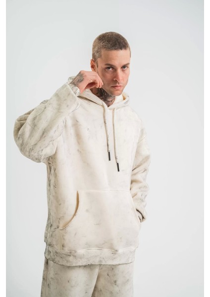 Unisex Double Oversize Kapşonlu Yıkamalı Sweatshirt - Krem