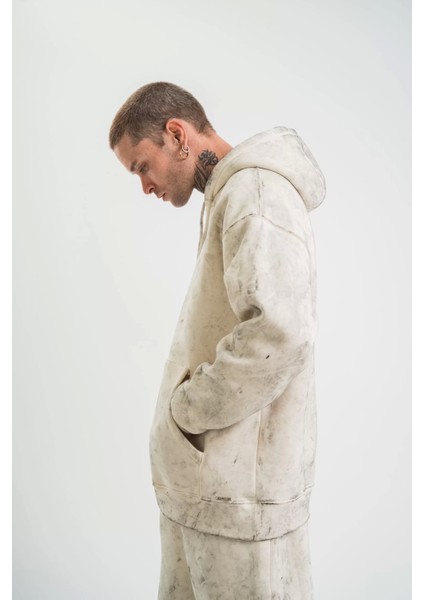 Unisex Double Oversize Kapşonlu Yıkamalı Sweatshirt - Krem modelleri