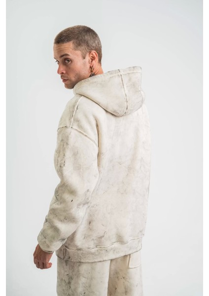 Unisex Double Oversize Kapşonlu Yıkamalı Sweatshirt - Krem fırsatları