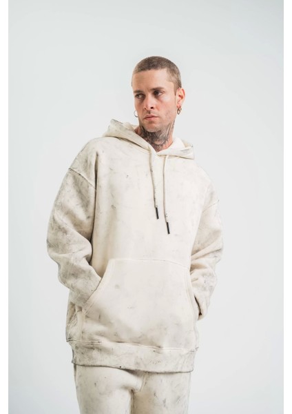 Unisex Double Oversize Kapşonlu Yıkamalı Sweatshirt - Krem indirimleri