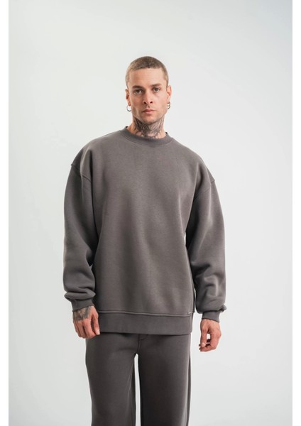 Uzun Kol Bisiklet Yaka Basic Sweatshirt - Füme indirimleri