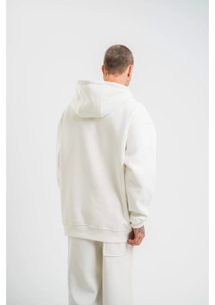 Unisex Double Oversize Kapşonlu Basic Sweatshirt - Beyaz modelleri