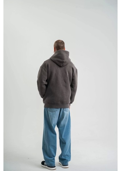 Unisex Uzun Kol Kapşonlu Yıkamalı Nakışlı Sweatshirt - Füme fiyatları