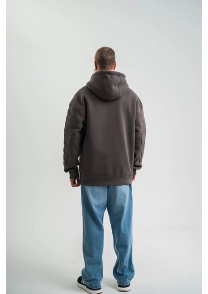 Double Oversize Kapşonlu Nakışlı Sweatshirt - Füme indirimleri