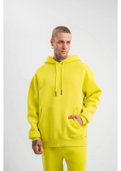 Unisex Double Oversize Kapşonlu Basic Sweatshirt - Sarı