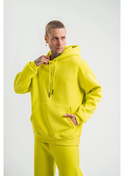 Unisex Double Oversize Kapşonlu Basic Sweatshirt - Sarı indirimleri