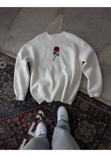 Unisex Bisiklet Yaka Ön ve Arka Baskılı Sweatshirt - Beyaz