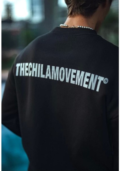 Kışlık Bisiklet Yaka Oversize Baskılı Sweatshirt - Siyah