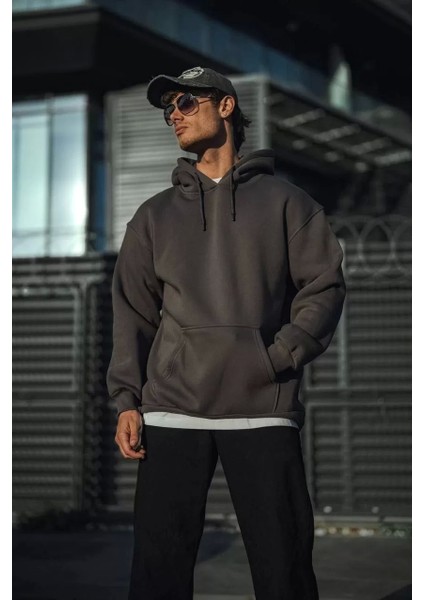 Üç Iplik Penye Kapşonlu Basic Sweatshirt - Füme modelleri