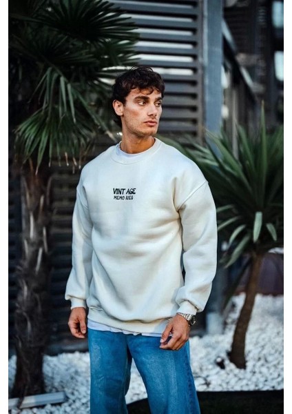 Oversize Bisiklet Yaka Üç Iplik Baskılı Sweatshirt - Beyaz