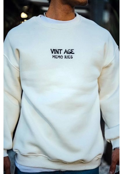 Oversize Bisiklet Yaka Üç Iplik Baskılı Sweatshirt - Beyaz modelleri