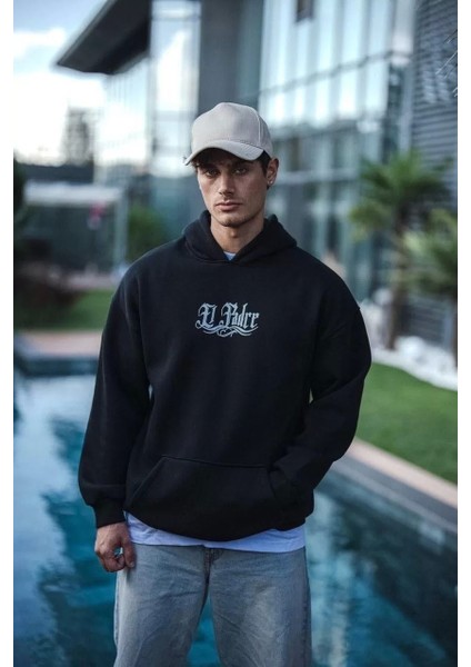 Üç Iplik Penye Kapşonlu Baskılı Sweatshirt - Siyah