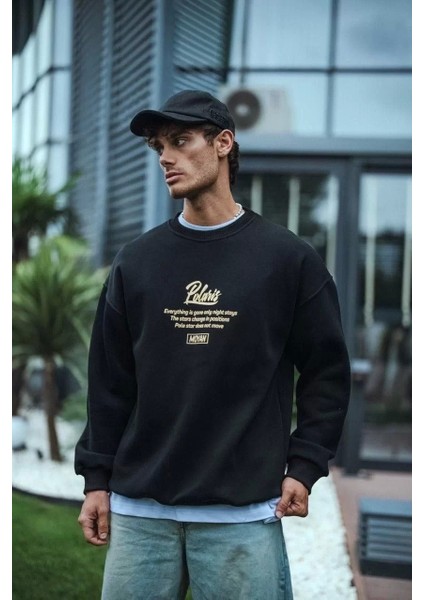 Kışlık Bisiklet Yaka Ön ve Arka Baskılı Sweatshirt - Siyah