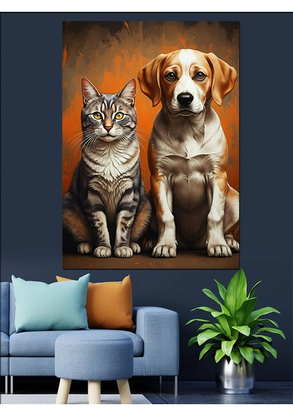 Kedi ve Köpek Dostluğu Dekoratif Kanvas - Mdf Ahşap Tablo