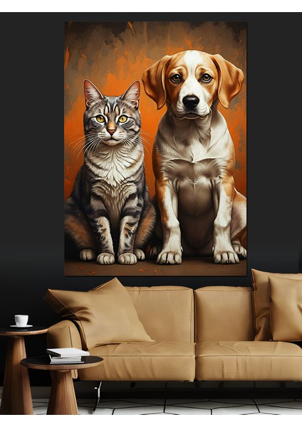 Kedi ve Köpek Dostluğu Dekoratif Kanvas - Mdf Ahşap Tablo
