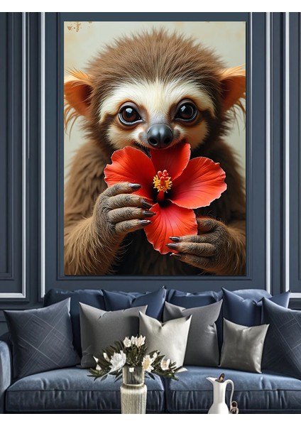 Çiçek Tutan Tembel Hayvan Dekoratif Kanvas - Mdf Ahşap Tablo
