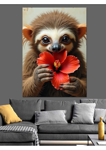 Çiçek Tutan Tembel Hayvan Dekoratif Kanvas - Mdf Ahşap Tablo fiyatları