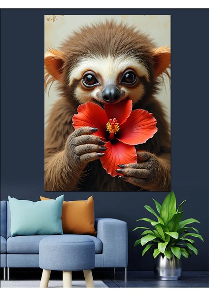 Çiçek Tutan Tembel Hayvan Dekoratif Kanvas - Mdf Ahşap Tablo fırsatları