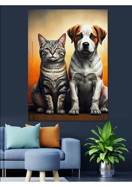 Dost Kedi ve Köpek Dekoratif Kanvas - Mdf Ahşap Tablo