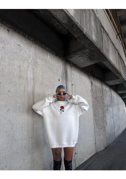 Oversize Üç Iplik Bisiklet Yaka Baskılı Sweatshirt - Beyaz fiyatları