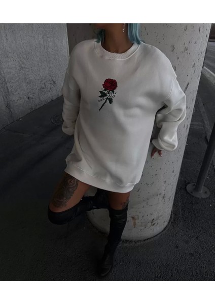 Oversize Üç Iplik Bisiklet Yaka Baskılı Sweatshirt - Beyaz modelleri