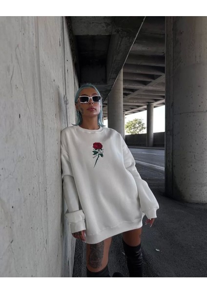 Oversize Üç Iplik Bisiklet Yaka Baskılı Sweatshirt - Beyaz indirimleri