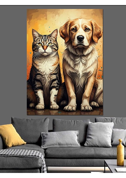 Kedi ve Köpek Dostluğu Dekoratif Kanvas - Mdf Ahşap Tablo