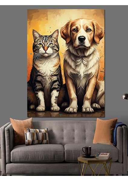 Kedi ve Köpek Dostluğu Dekoratif Kanvas - Mdf Ahşap Tablo