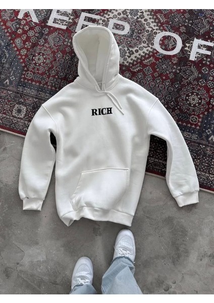 Uzun Kol Kapüşonlu Göğüs Baskılı Sweatshirt - Beyaz fiyatları